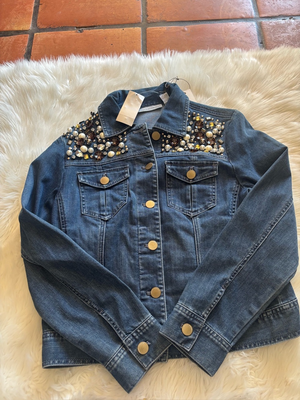 Chico's Dark Blue Denim Jacket with Pearl & Gem Shoulder Embellishments